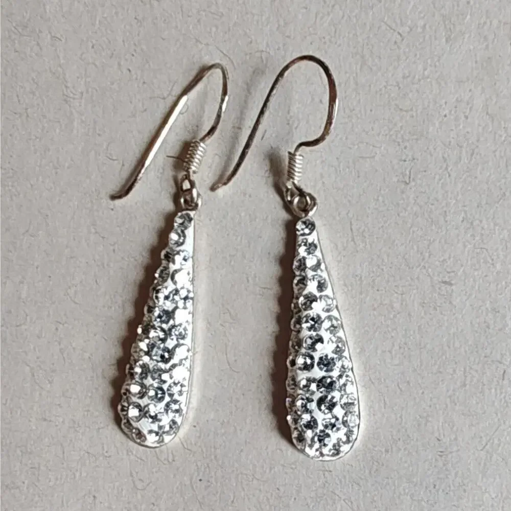 VTG Earrings‎ Sterling Silver 925 Crystal Inset Dangle Drop Hook Teardrop